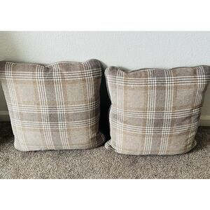 Set 2 Plaid 100% Waterfowl Feather Pillows Beige Tan Gray Grey Checkered Suede